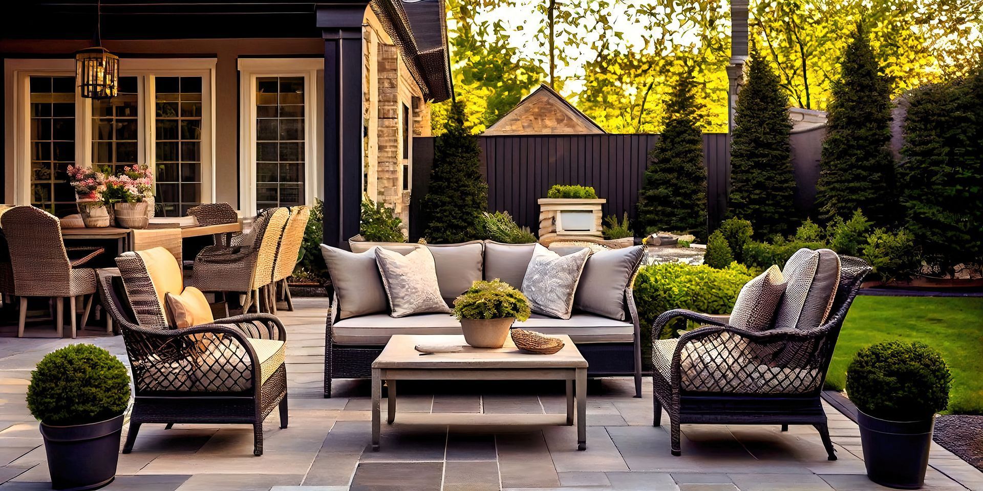 A patio with a couch , chairs , table and potted plants.