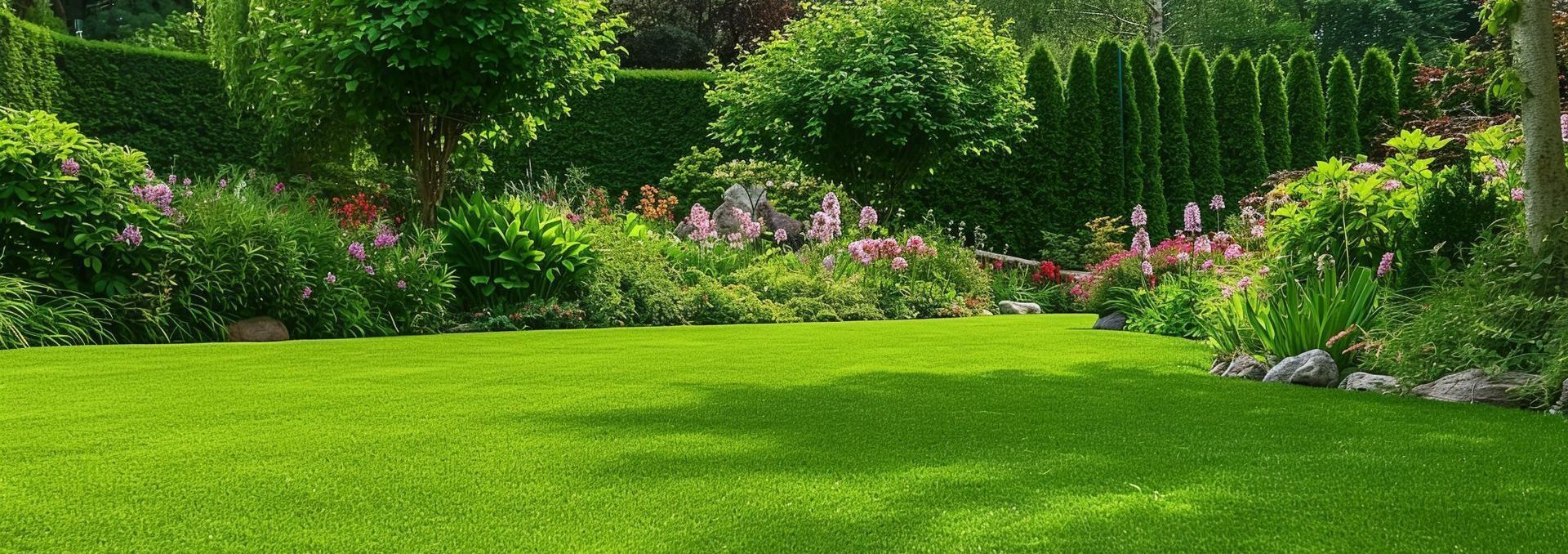 A lush green lawn surrounded by trees and flowers in a garden.