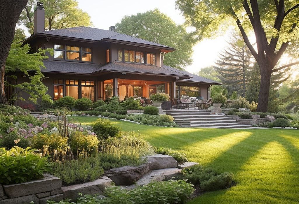 A large house with a lush green lawn in front of it