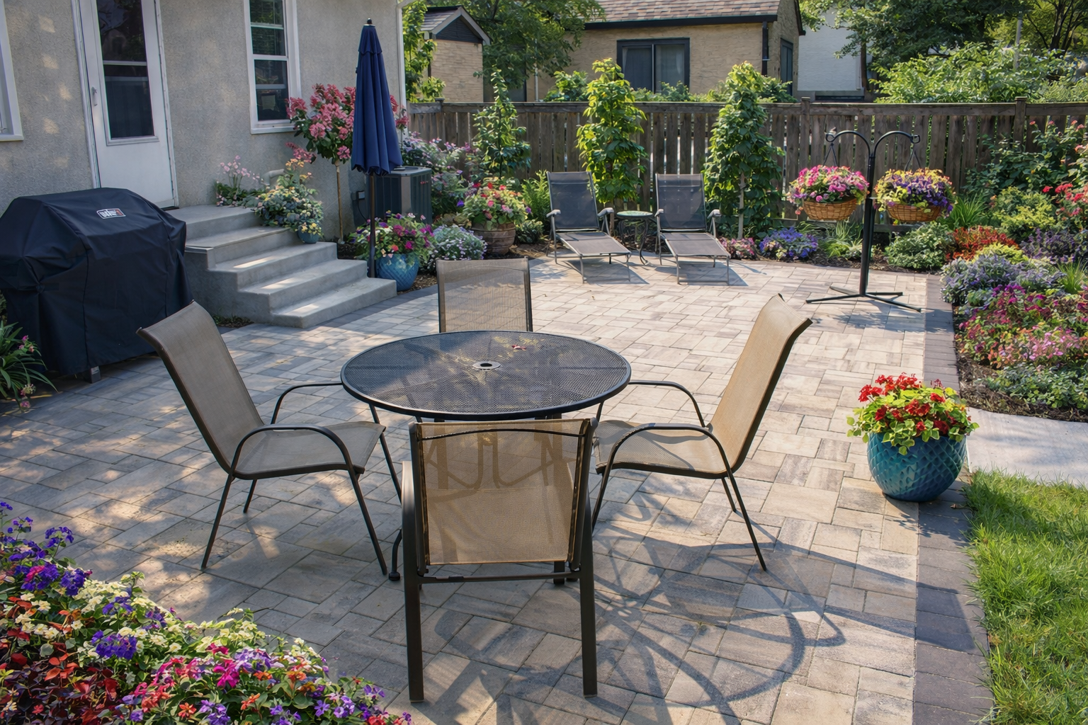 After picture a small St. Paul backyard project we did in 2022 - new back stoops with stairs, new paver patio and designed plantings