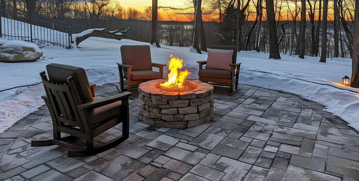 A fire pit on a patio with rocking chairs in the snow.