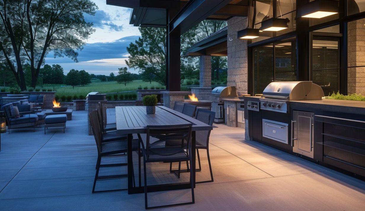 A patio with a table and chairs and a grill.