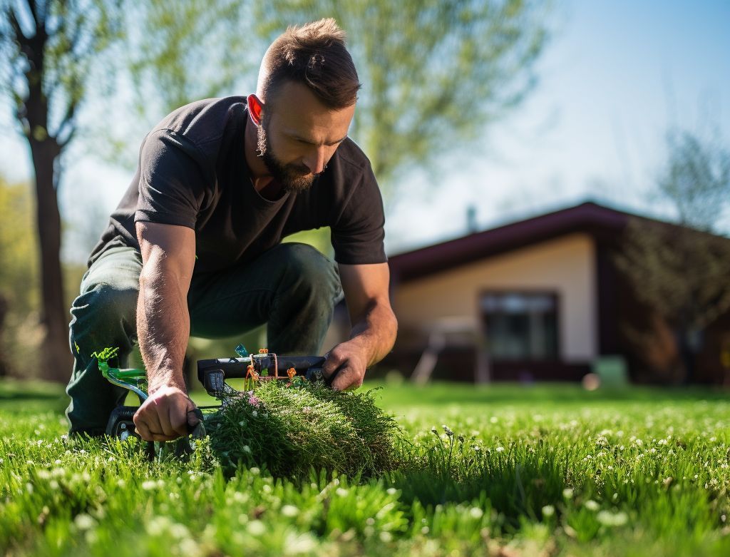 A man is kneeling down in the grass cutting grass with a lawn mower.