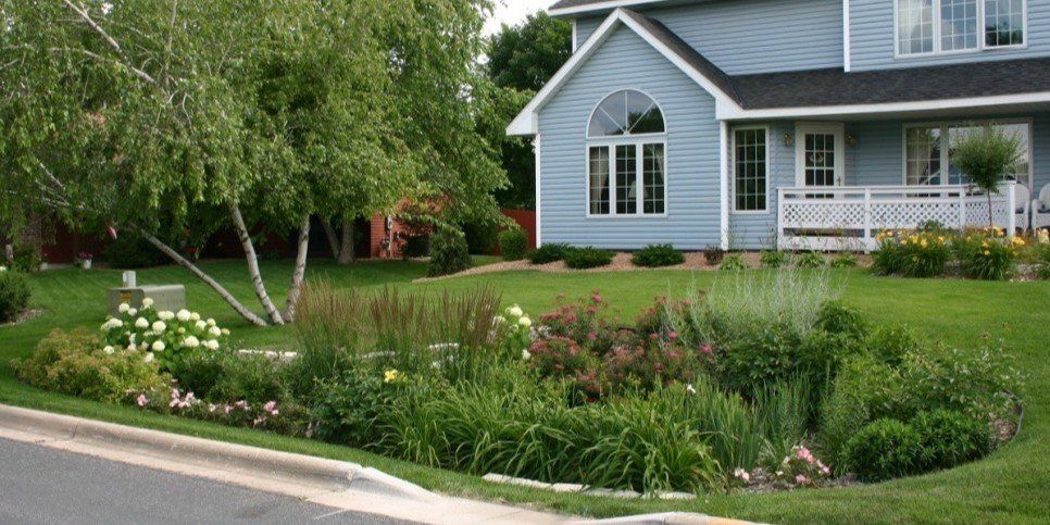 A stone walkway leading to a house surrounded by trees and bushes.