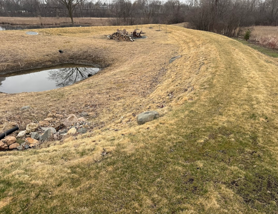 A small, muddy pond sits in a grassy field with a curved, earth embankment and scattered rocks near the water's edge.