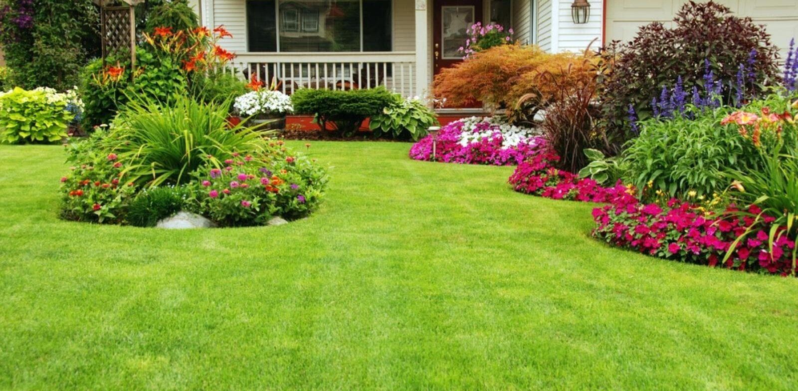 A lush green lawn with flowers in front of a house.