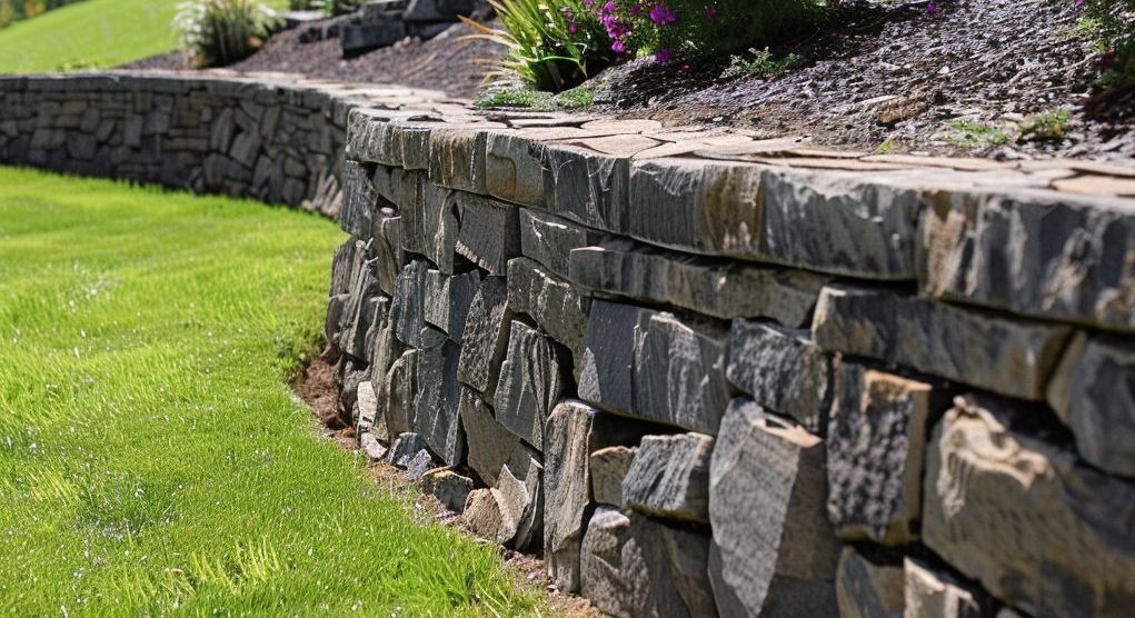 A stone wall surrounds a lush green lawn.