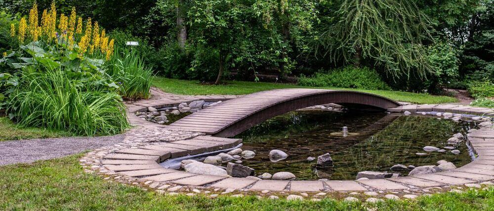 A small wooden bridge over a pond in a park.