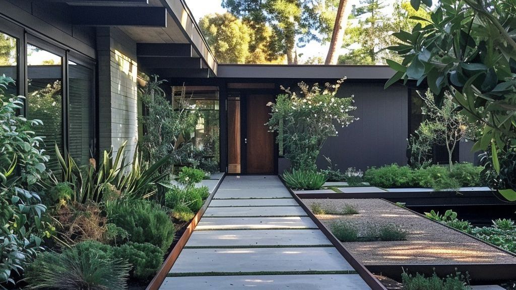 A walkway leading to the front door of a house