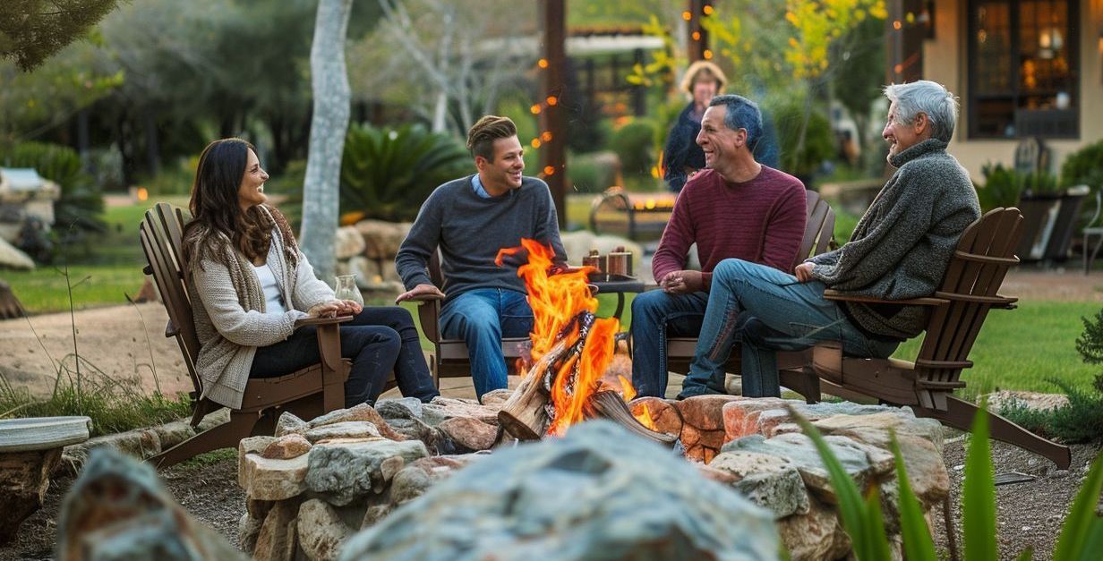 A group of people are sitting around a fire pit.