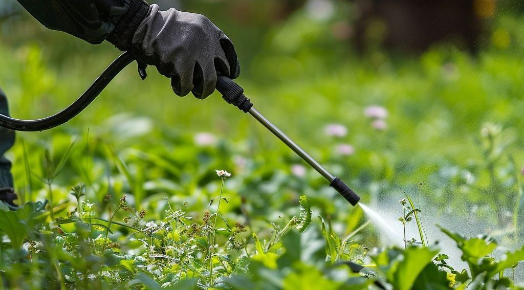 A person is spraying a lawn with a sprayer.