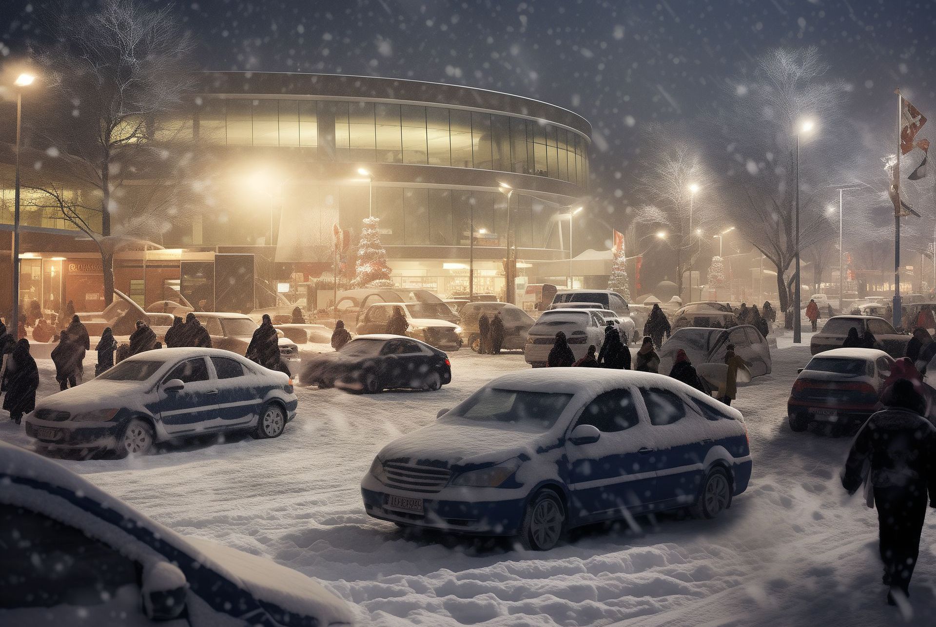 A snowy city street at night with cars covered in snow