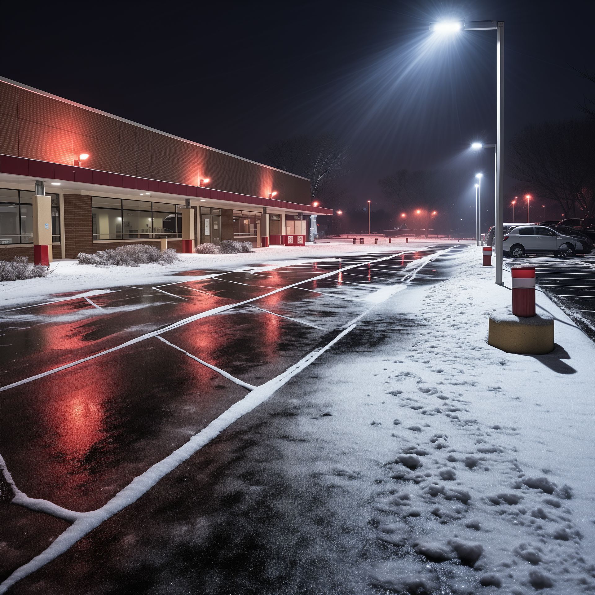 Snowy night scene: illuminated parking lot, building with red trim, streetlights, and a car.
