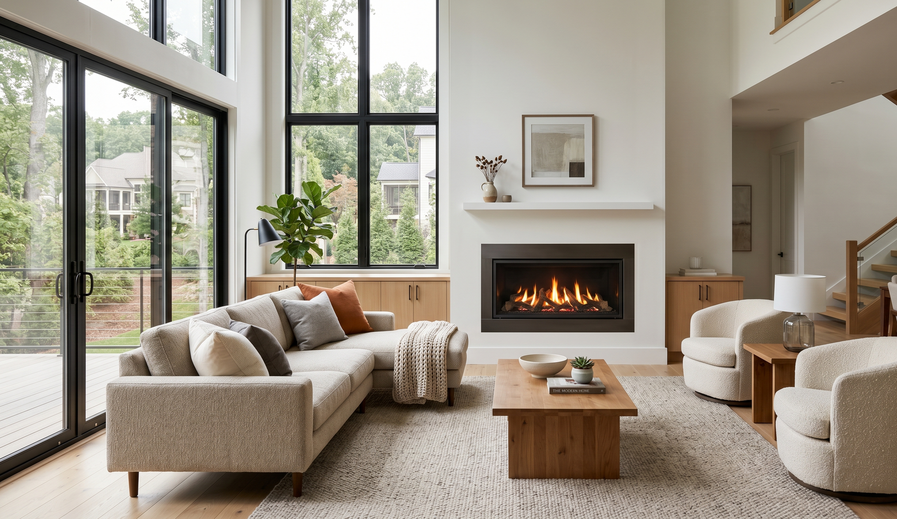 Bright modern living room with large windows, beige sofas, and a fireplace.