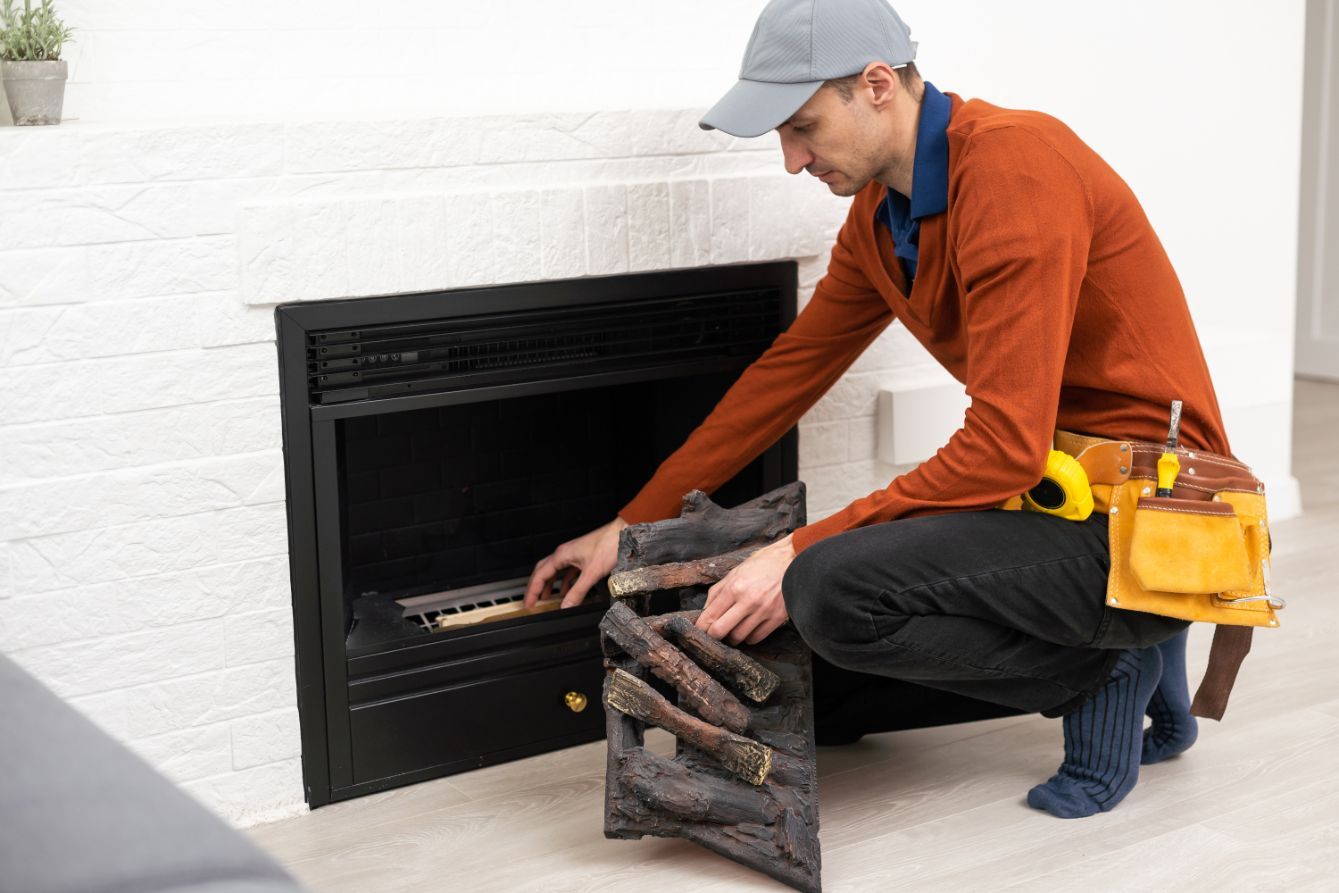 Man installing fireplace logs inside a black gas fireplace opening. White brick surround, tool belt.