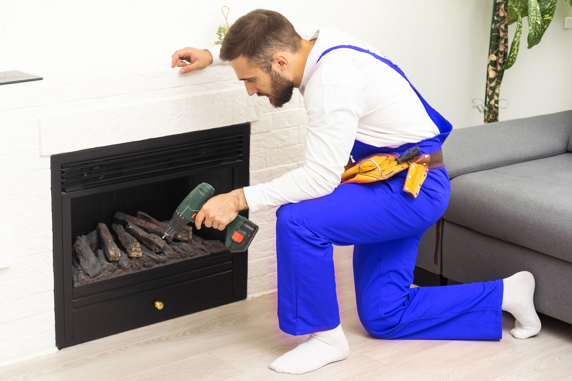 Man in blue overalls kneels, inspecting a fireplace. A toolbox and tools are on the floor.