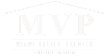 A white logo for miami valley brewers on a white background.