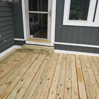 A wooden deck is in front of a house with a door.