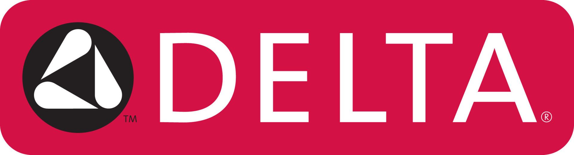 Delta logo with a white triangular shape inside a black circle, on a red rectangle, and the word 