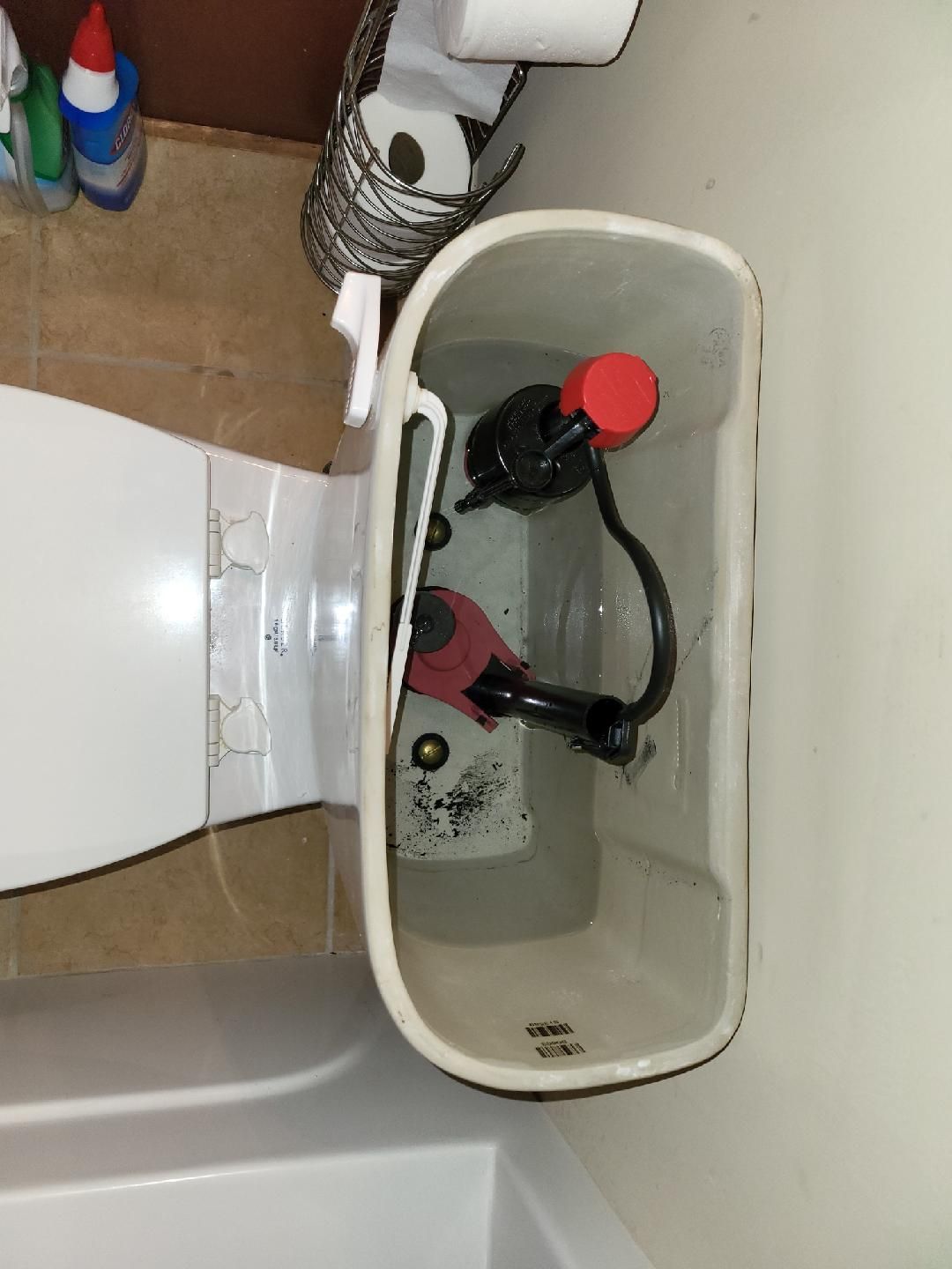 Open toilet tank with red flapper, black fill valve, and water.