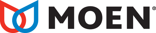 Logo for Moen, a plumbing fixture company. It features red and blue water droplets interlocking with the brand name in black.