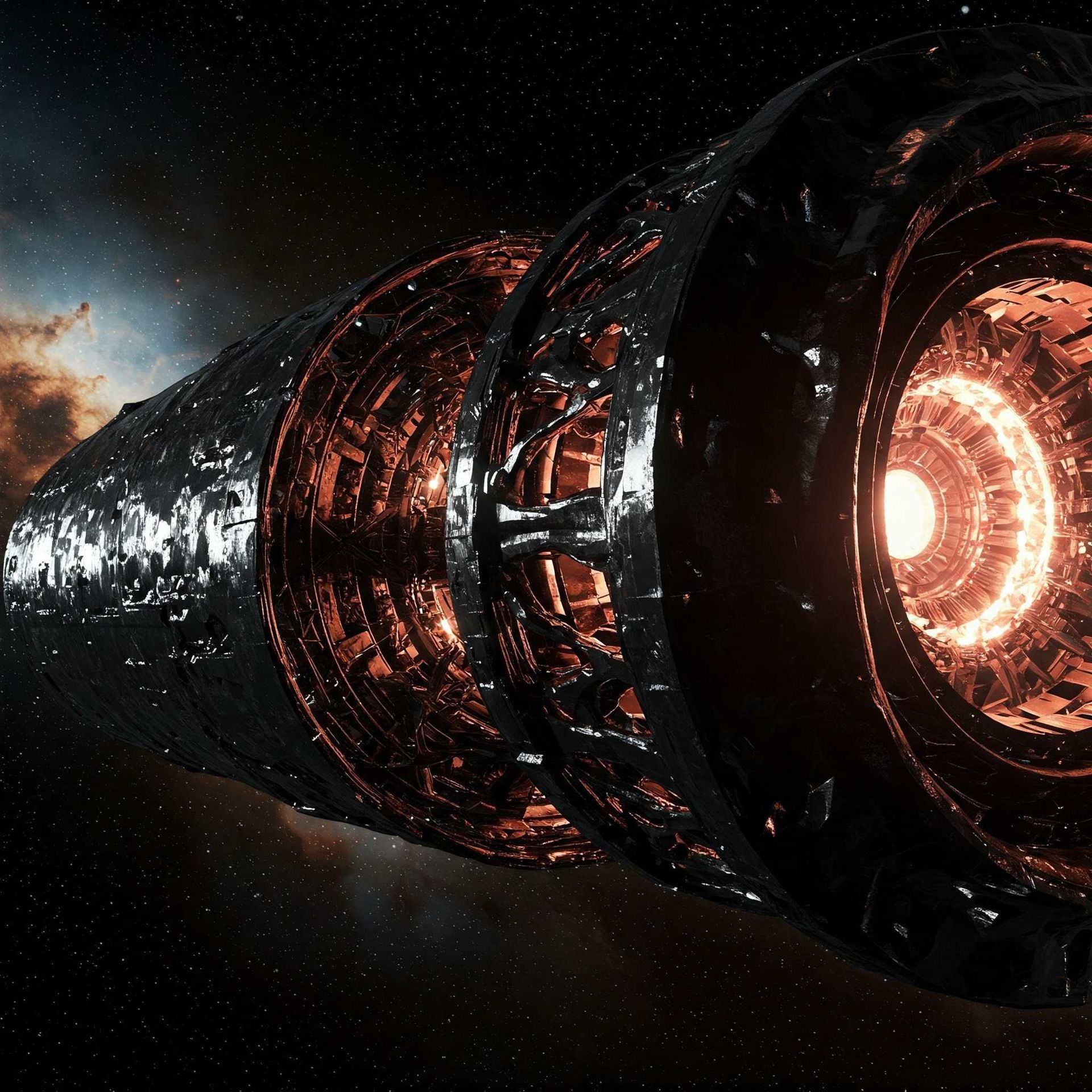 A large, metallic, cylindrical spaceship with illuminated orange rings and a bright core, traveling through space.