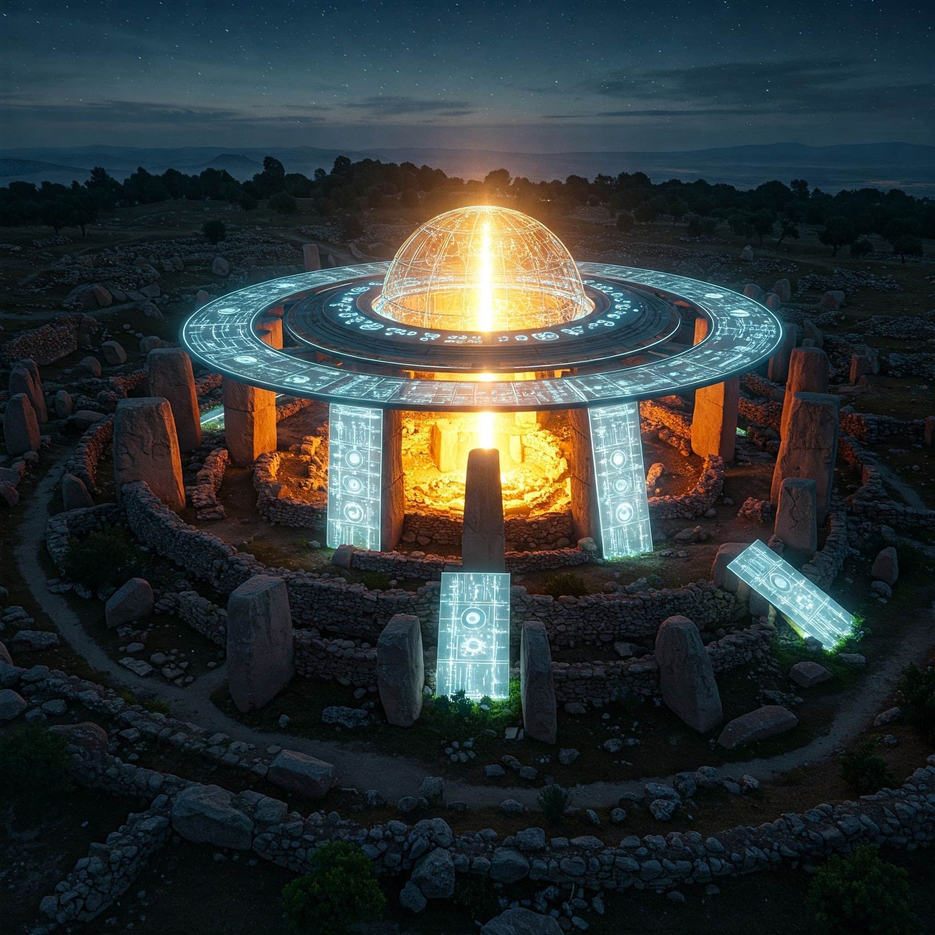 A glowing, futuristic structure resembling a UFO sits within an ancient stone circle, emitting bright light at night.
