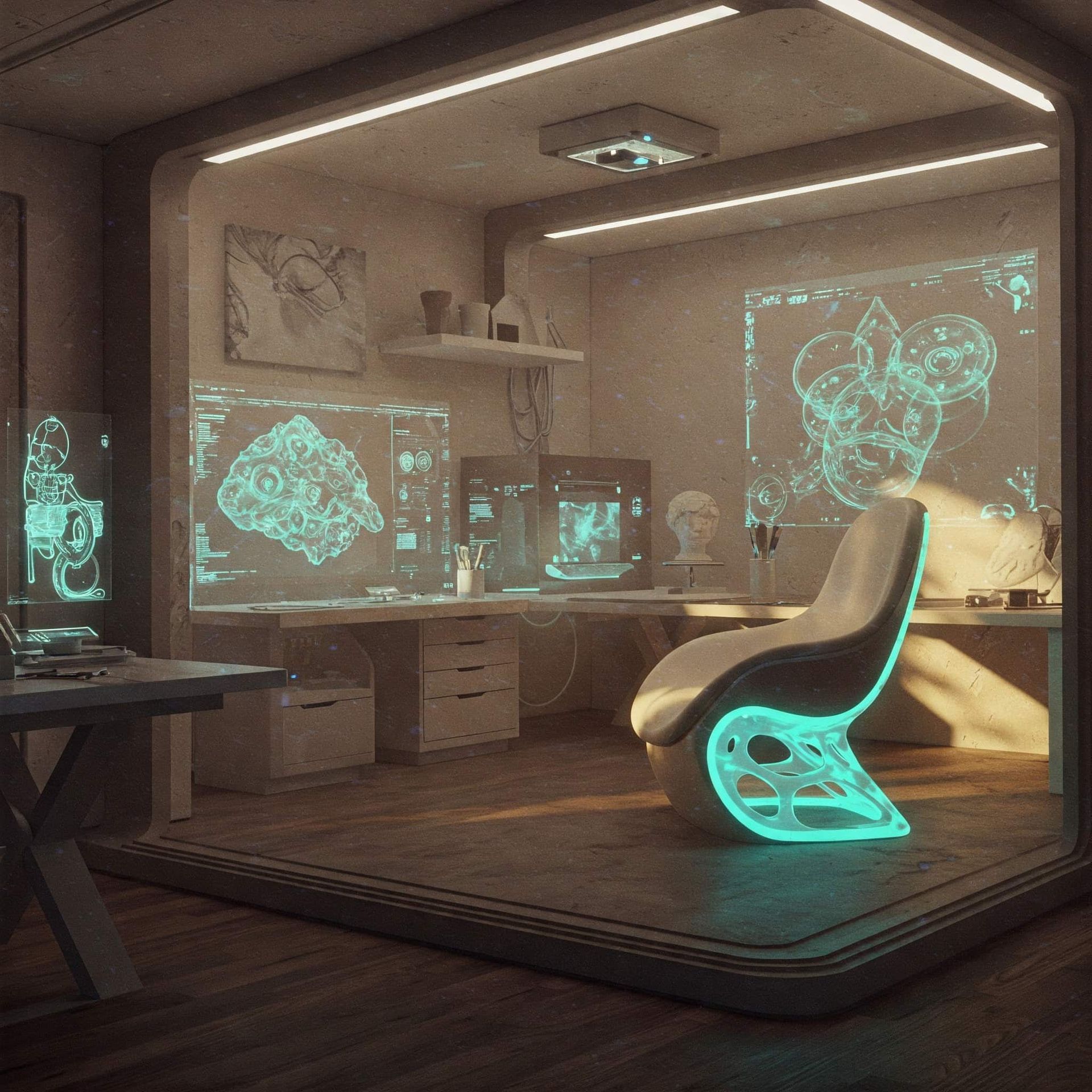Futuristic lab: glowing chair, displays of brain scans, and a desk with equipment illuminated by warm light.