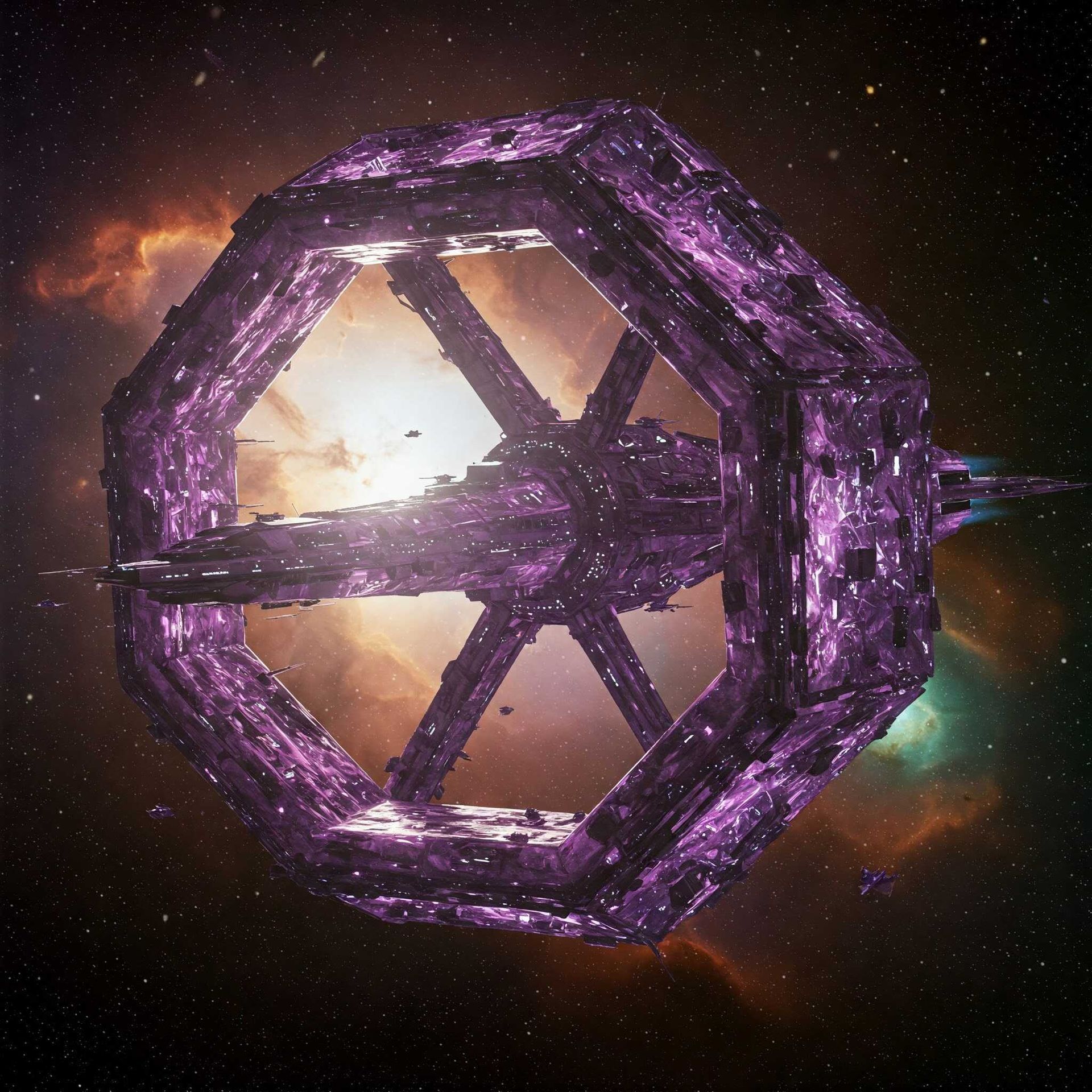 A large, purple octagonal space station against a nebula backdrop. The station has intricate details and is emitting light.