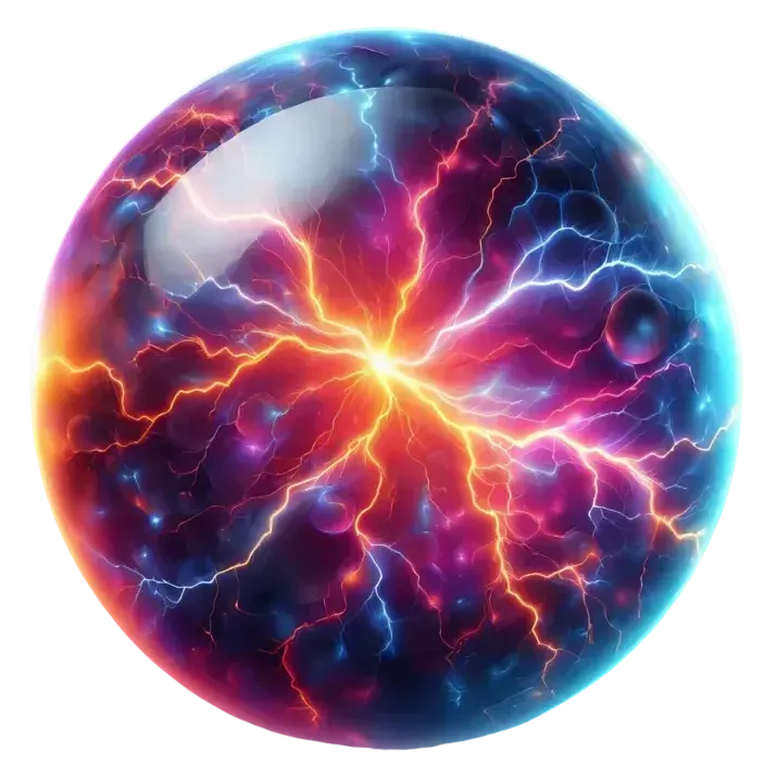 Glowing orb with crackling energy in orange, red, and blue.
