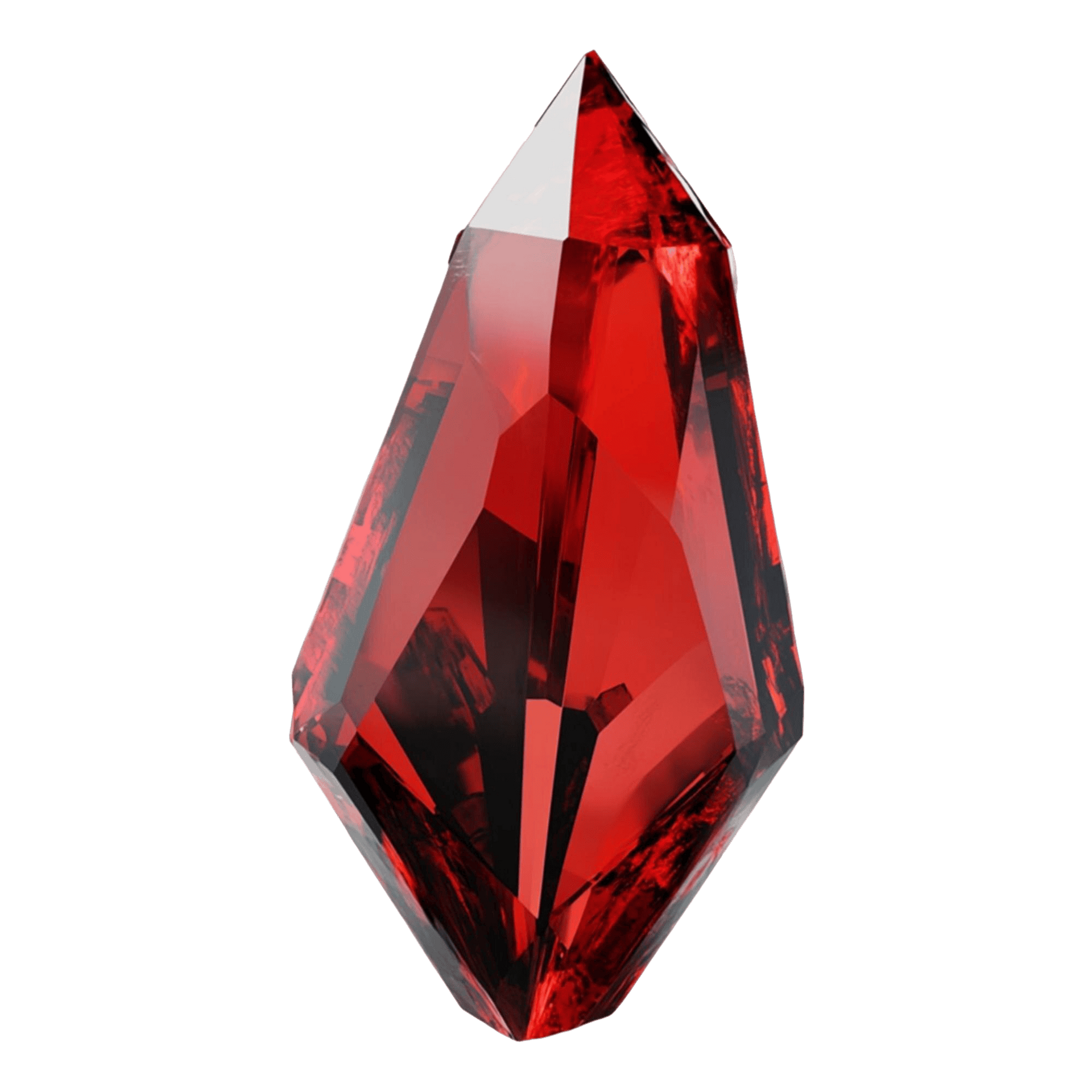 Red, faceted crystal with multiple geometric planes and a pointed tip, isolated on white.