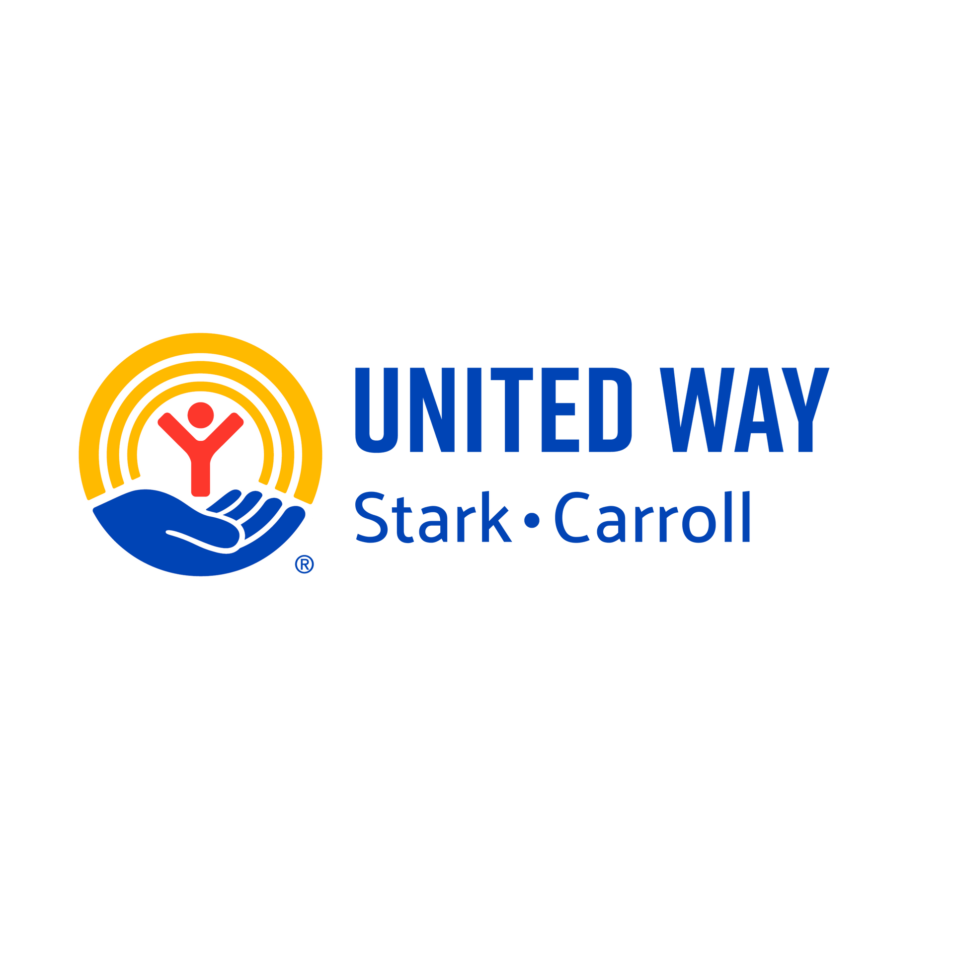 United Way logo: Blue and white text, logo with a hand holding a person under a sun.