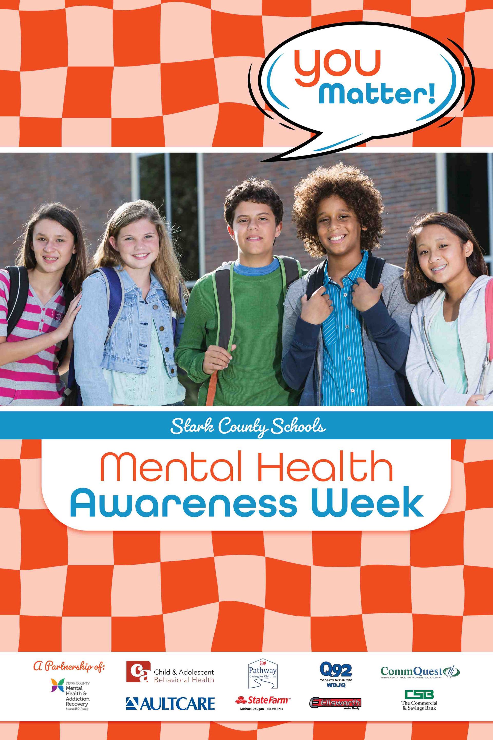 Poster: Five diverse students, smiling, in front of a school, promoting Mental Health Awareness Week. Orange checkered background.