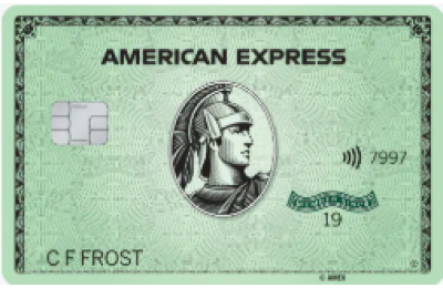 American Express Green Card, light green background, centurion profile, cardholder's name: C.F. Frost.