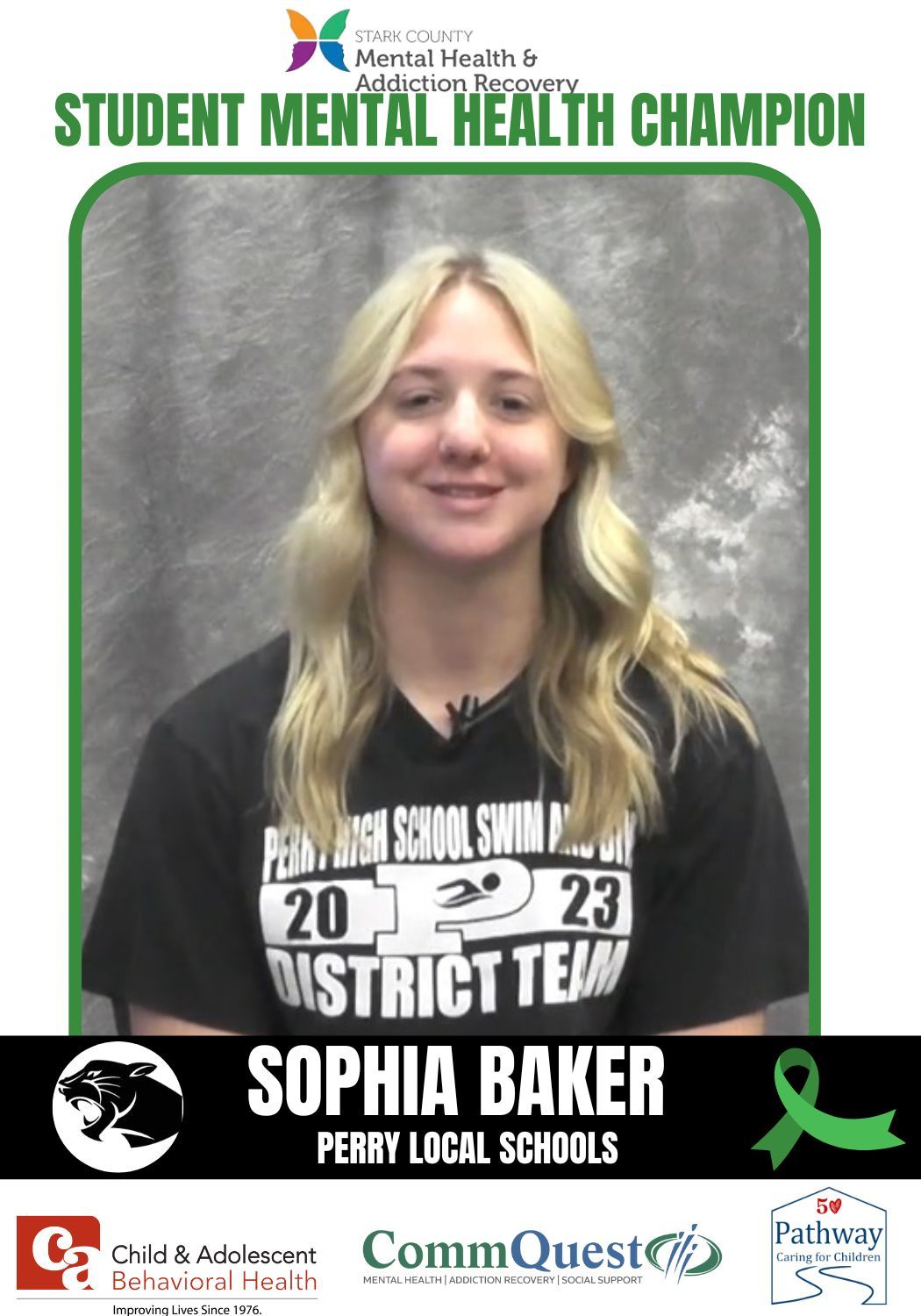 Sophia Baker, Student Mental Health Champion, Perry Local Schools. Blonde woman smiles, wearing a swim team shirt.