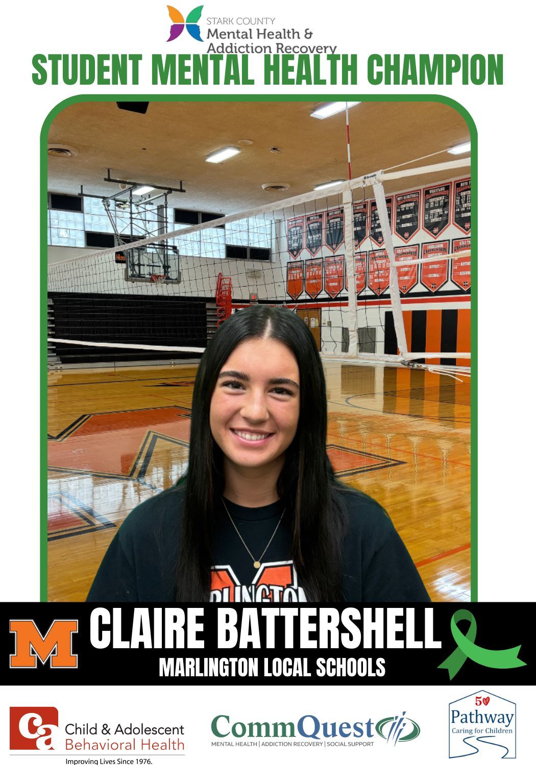 Student Mental Health Champion Claire Battershall smiles in a gym. A green ribbon and school logos are displayed.