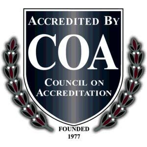 Accredited by Council on Accreditation (COA) logo: shield with text and wreath.