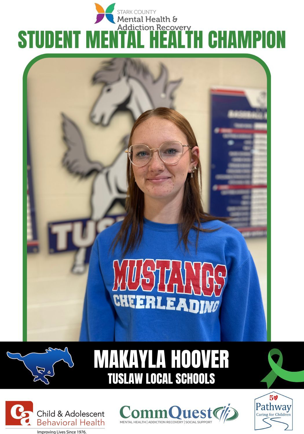 Makayla Hoover, Student Mental Health Champion, Tuslaw Local Schools. Wearing a blue 
