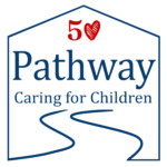 Pathway Caring for Children logo: blue text, heart, stylized road, white house shape.