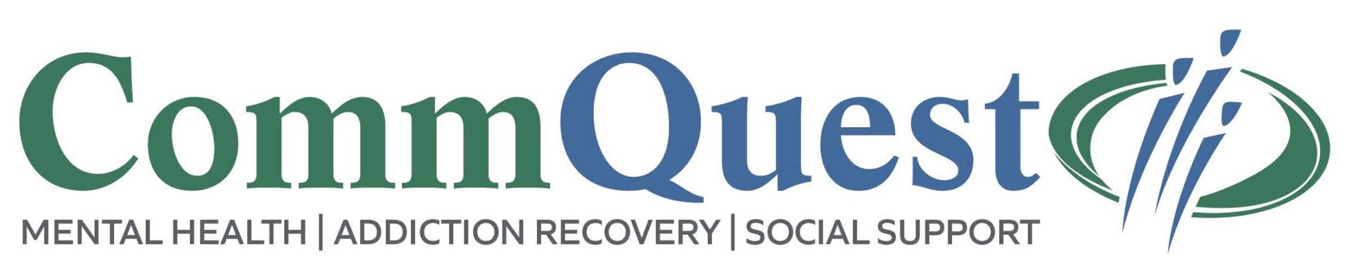 CommQuest logo with green and blue text and a swoosh design. Mental health, addiction recovery, social support.