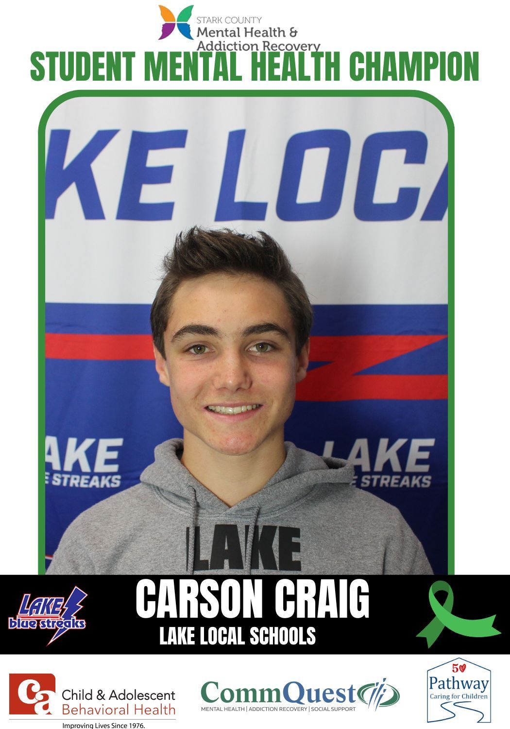 Carson Craig, a student mental health champion, smiles wearing a gray sweatshirt; the background features school logos.