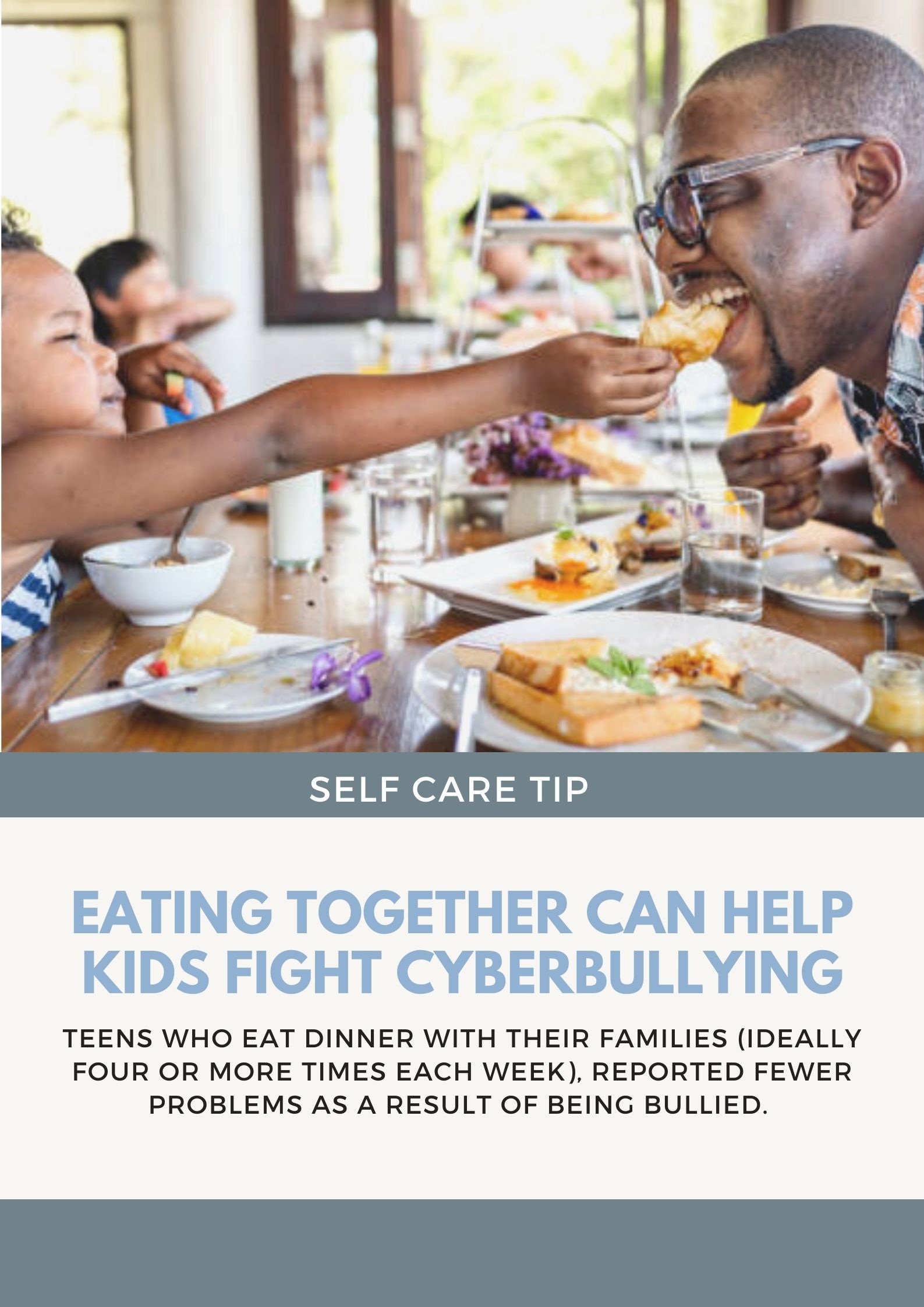 Family eating together, with a child feeding an adult. Text: