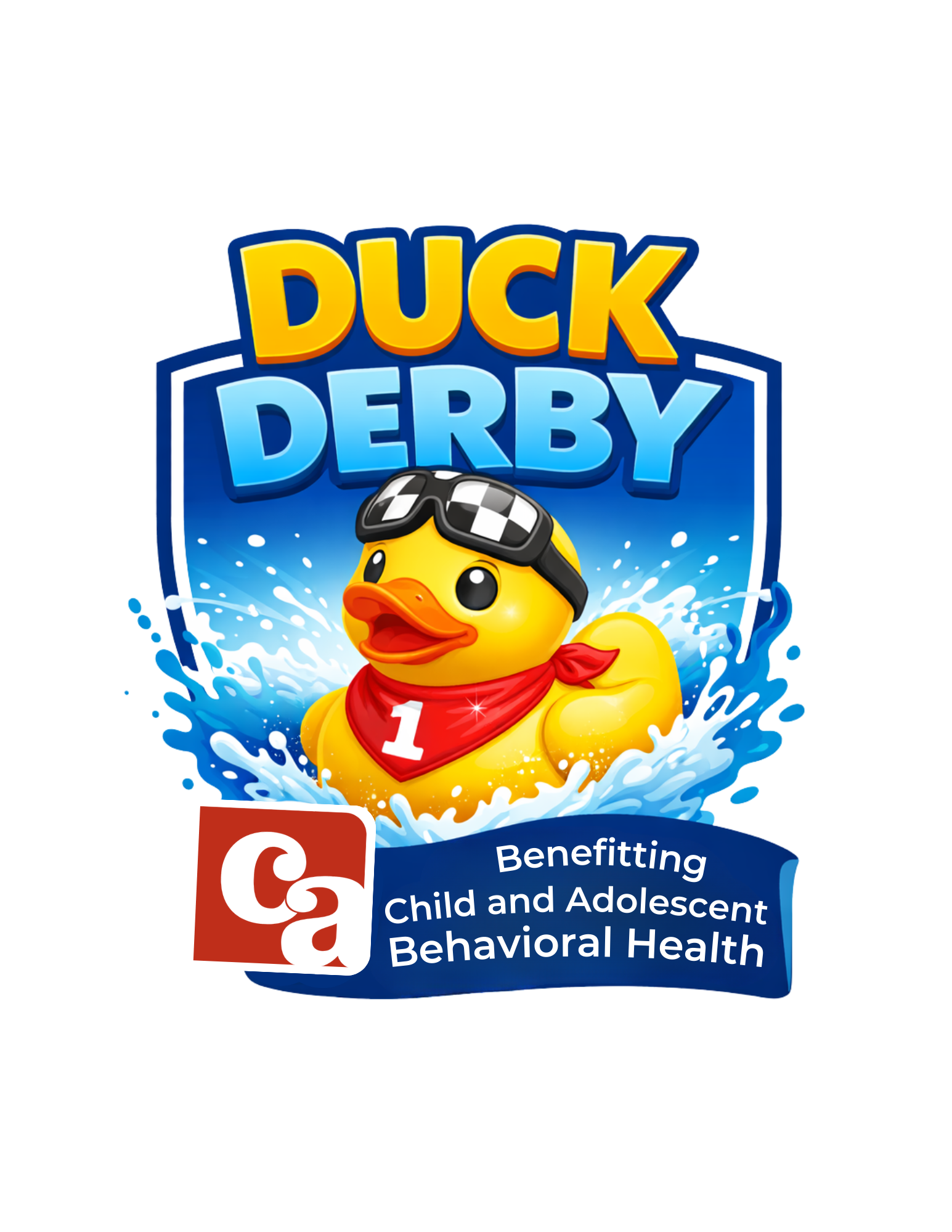 C&A Duck Derby logo: two yellow rubber ducks racing with checkered flags and water splashes.