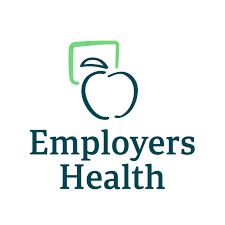 Logo for Employers Health, a teal apple with a green square, and teal text.