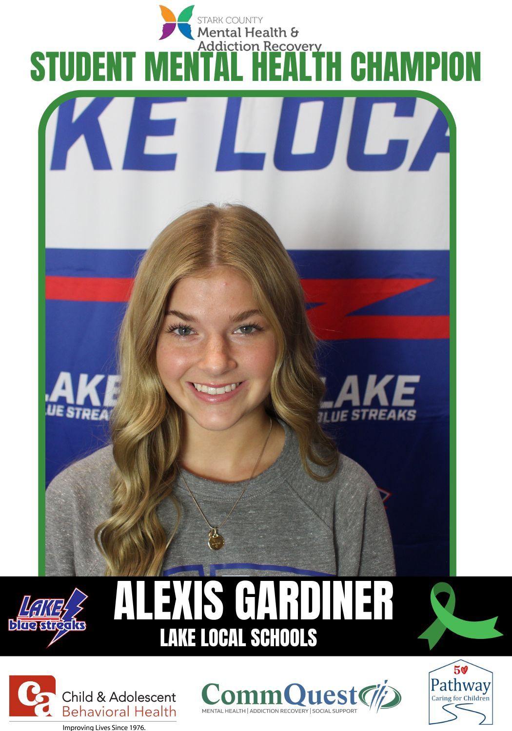 Alexis Gardiner, a smiling student mental health champion. Banner reads 