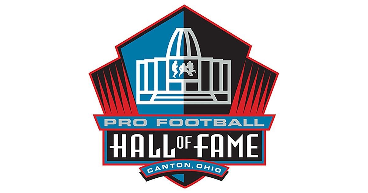 Pro Football Hall of Fame logo: blue, black, and red shield with
