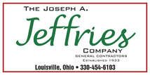 Logo for Joseph A. Jeffries Company, General Contractors, in Louisville, Ohio. Green script name, black text, red border.