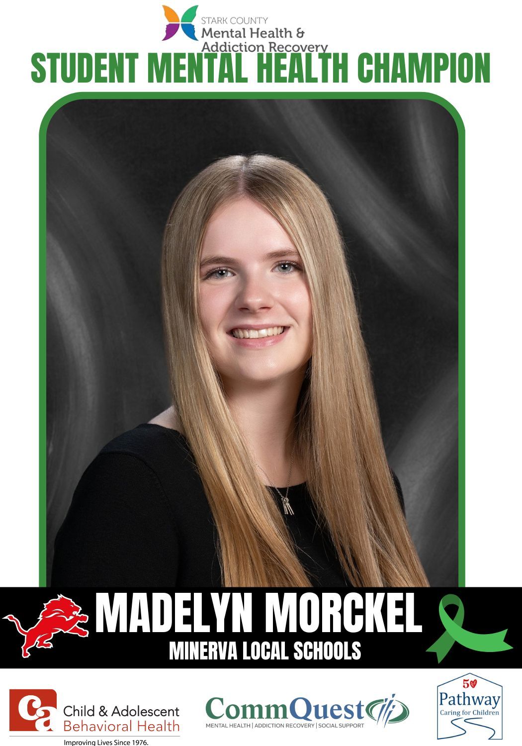 Young woman, Madelyn Morckel, Student Mental Health Champion. Green border, smiling, long blonde hair.