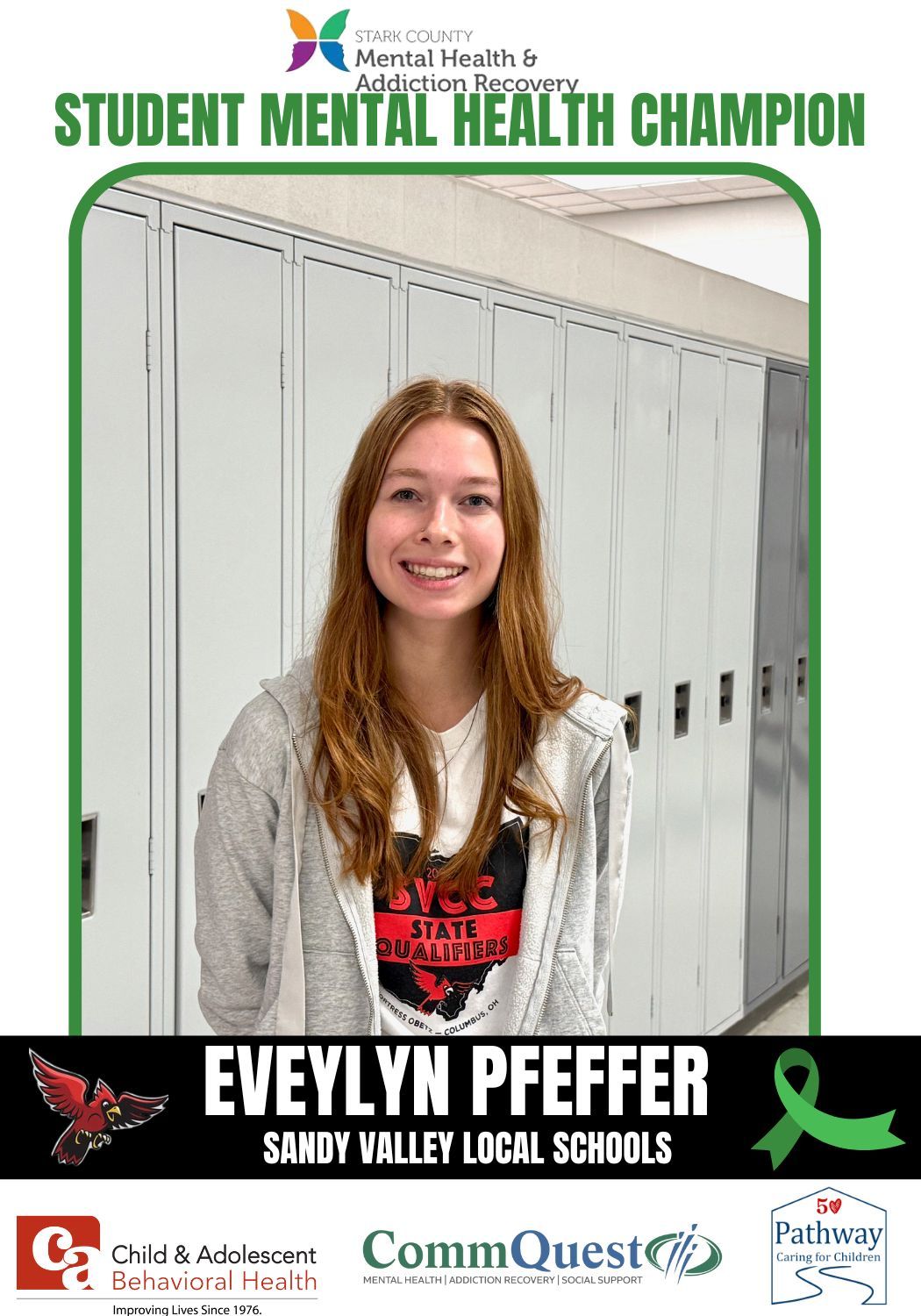 Evelyn Pfeffer, Student Mental Health Champion, smiles in front of lockers. Graphic uses green, black, red.