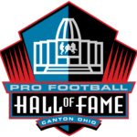 Pro Football Hall of Fame logo: blue, black, red; building silhouette,